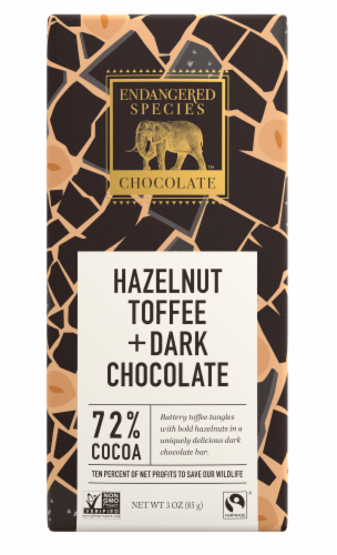 Endangered Species 72% Cocoa Hazelnut Toffee Dark Chocolate Bar Perspective: front
