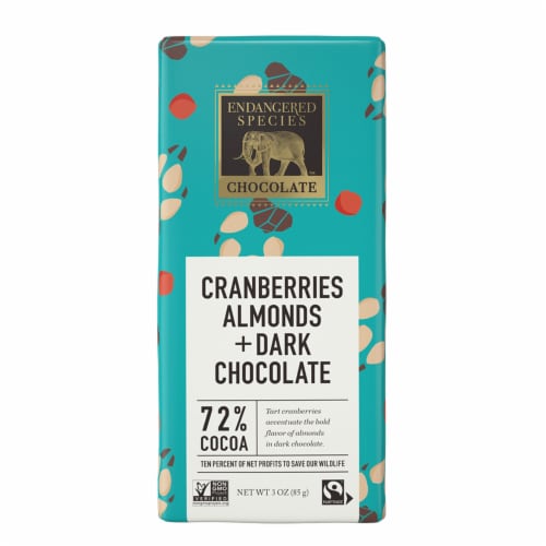 Endangered Species Cranberries & Almonds Dark Chocolate Bar Perspective: front