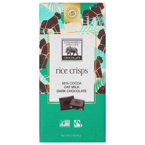 Endangered Species Chocolate Rice Crisps + 55% Oat Milk Dark Chocolate Bar Perspective: front