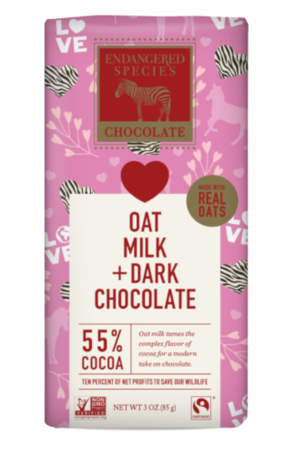 Endangered Species Oat Milk + SDark Chocolate 55% Cocoa Valentine Bar Perspective: front