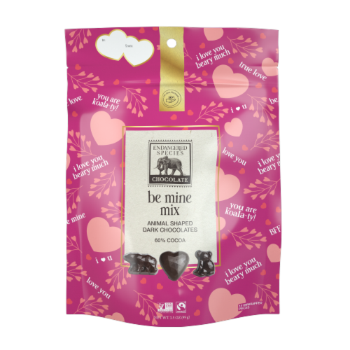 Endangered Speecies 60% Dark Chocolate Molded Animals Valentine's Candy Bag Perspective: front