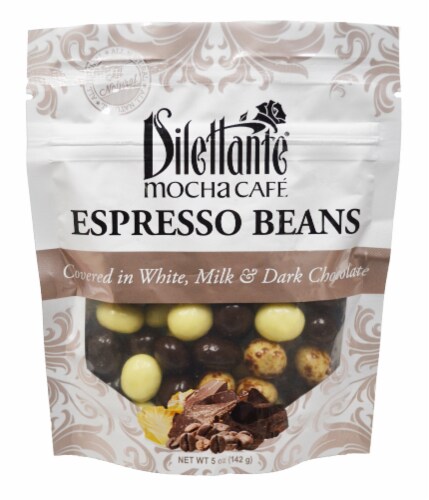 Dilettante Chocolates White Milk & Dark Chocolate Covered Mocha Cafe Espresso Beans Perspective: front