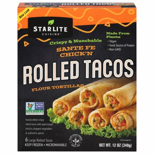 Starlite Cuisine Vegan Santa Fe Style Flour Tortilla Rolled Tacos 6 Count Perspective: front