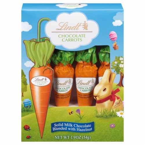 Lindt Carrots Solid Milk Chocolate Easter Candy Blended with Hazelnut Pack Perspective: front