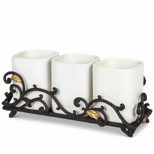 Gerson Gold Leaf Ceramic 3-vase Flatware Caddy with Espresso Brown/Gold Vines Perspective: front