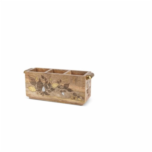 GG Collection 15.5 x 6.25 x 7.5 in. Mango Wood Flatware Caddy, Inlay Leaf Design Perspective: front