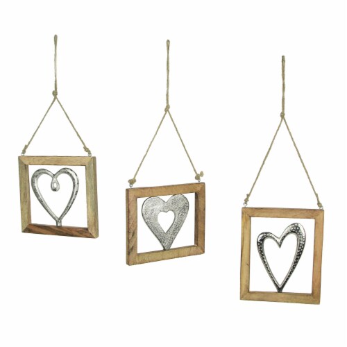 Set of 3 Wood Framed Open Work Metal Heart Wall Hangings W/ Rope Hangers Perspective: front