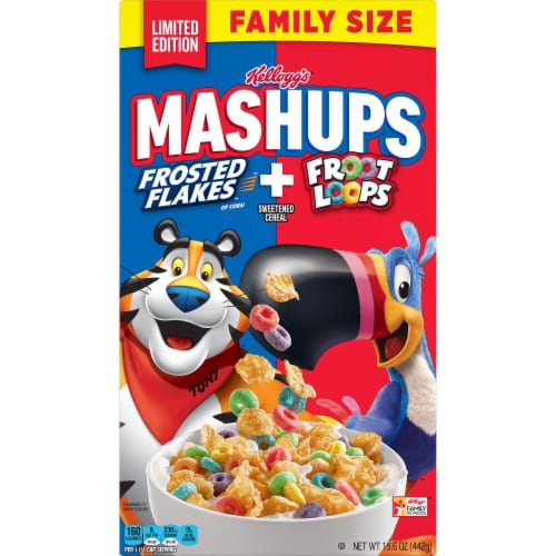Kellogg's Mashups Frosted Flakes and Froot Loops Cold Breakfast Cereal Family Size Perspective: front