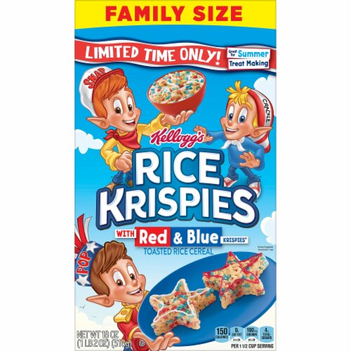 Kellogg's Rice Krispies Original with Red and Blue Krispies Breakfast Cereal Family Size Perspective: front