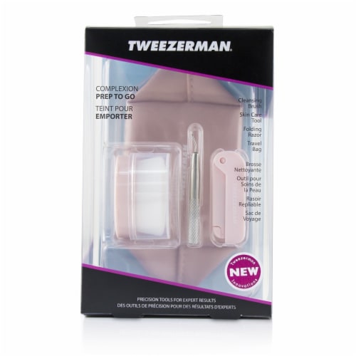 Tweezerman Complexion Prep To Go Set: Cleansing Brush + Skin Care Tool + Folding Razor + Trav Perspective: front
