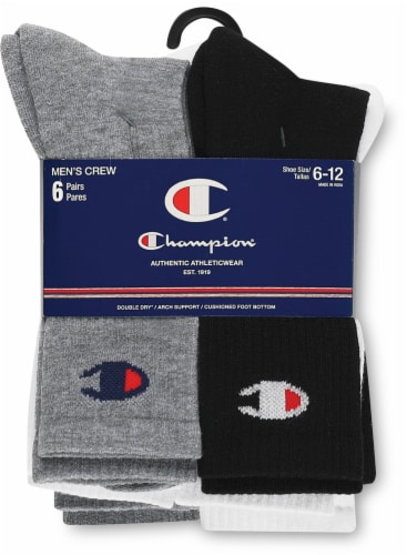 Champion® CH170 Synthetic Crew Socks - White/Grey/Black, 6 pairs / Size ...