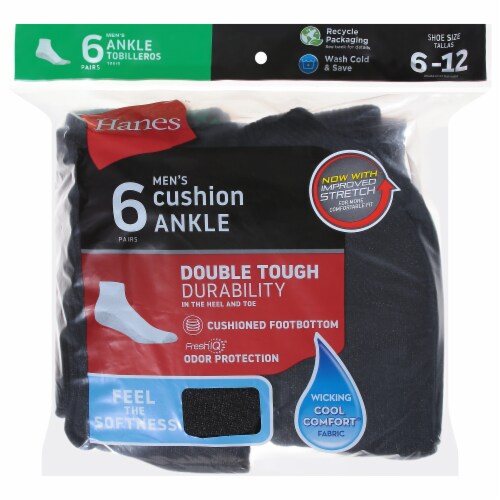 Hanes Size 6-12 Men's Cushion Ankle Socks - Black Perspective: front