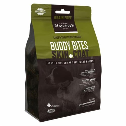 Majestys MBBSCGF28 Buddy Bites Skin & Coat, Grain-Free Formula Carob & Sweet Potato - 28 coun Perspective: front