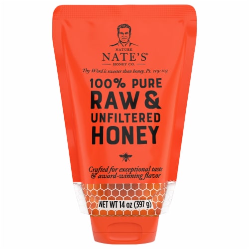 Nature Nate's® 100% Pure Raw & Unfiltered Honey Squeeze Pouch Perspective: front