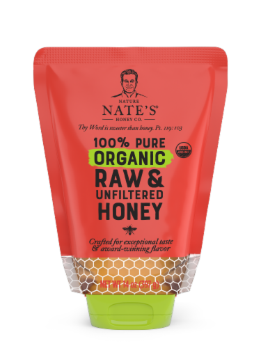 Nature Nate's® Organic 100% Pure Raw & Unfiltered Honey Squeeze Pouch Perspective: front