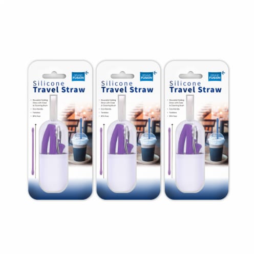 Grand Fusion Reuseable Silicone Travel Straw & Brush 3 Pack - Purple Perspective: front