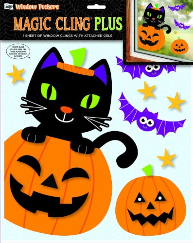 Mello Smello® Window Peakers® Magic Cling Plus Pumpkin Cat Window Clings Perspective: front