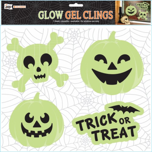 Mello Smello Halloween Skull & Pumpkins Glow Gel Clings Perspective: front