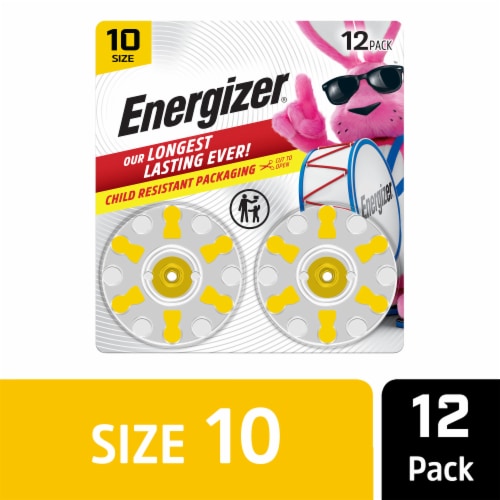 Energizer Hearing Aid Batteries Size 10, Yellow Tab, 12 Pack Perspective: front