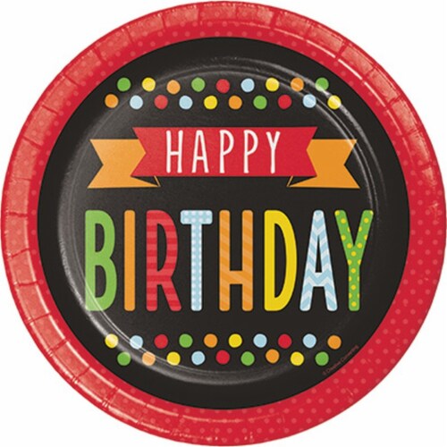 Creative Converting Celebrations Polka Dot Happy Birthday Dinner Plate Perspective: front