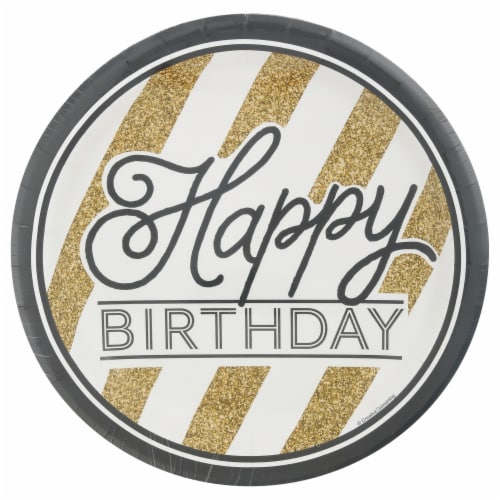 Creative Converting Black and Gold Happy Birthday Dessert Plates Perspective: front
