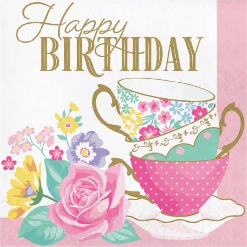 Creative Converting 339799 Floral Tea Party Happy Birthday Napkins, 16 Count Perspective: front