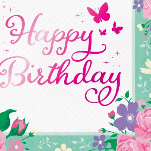 Creative Converting 340161 Floral Fairy Happy Birthday Napkins, 16 Count Perspective: front