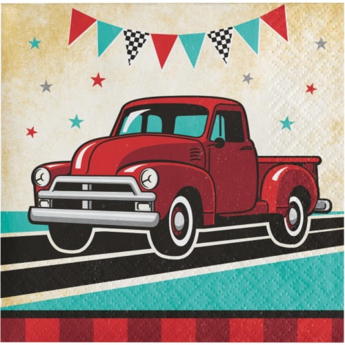 Creative Converting 345898 5 x 5 in. Vintage Truck Beverage 1 by 4 Fold 2-Ply Tissue Napkins, Perspective: front