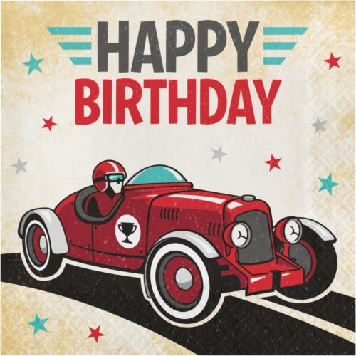 Creative Converting 345901 6.5 x 6.5 in. Vintage Race Car Happy Birthday Luncheon 1 by 4 Fold Perspective: front
