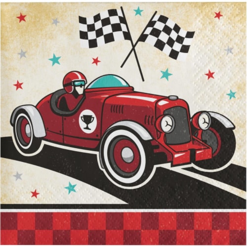 Creative Converting 345902 5 x 5 in. Vintage Race Car Beverage 1 by 4 Fold 2-Ply Tissue Napki Perspective: front