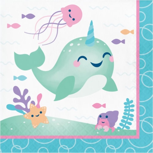 Creative Converting 345905 6.5 x 6.5 in. Narwhal Party Luncheon 1 by 4 Fold 2-Ply Tissue Napk Perspective: front