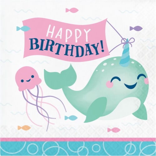 Creative Converting 345907 6.5 x 6.5 in. Narwhal Party Happy Birthday Luncheon 1 by 4 Fold 2- Perspective: front