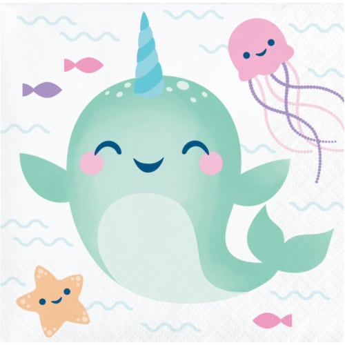 Creative Converting 345908 5 x 5 in. Narwhal Party Beverage 1 by 4 Fold 2-Ply Tissue Napkins Perspective: front
