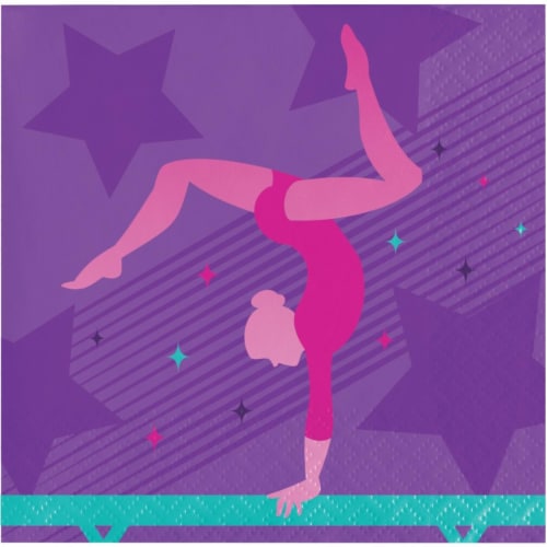 Creative Converting 346258 5 x 5 in. Gymnastics Party Beverage 1 by 4 Fold 2-Ply Tissue Napki Perspective: front