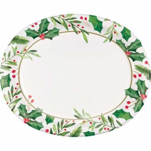 Party Creations Traditional Holly Oval Platter Disposable Plates Perspective: front