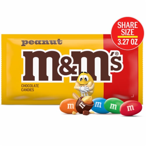 M&M'S Peanut Milk Chocolate Candy, Share Size, 3.27 oz Bag Perspective: front