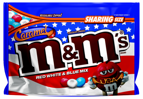M&M's Red White & Blue Mix Caramel Chocolate Candies Sharing Size Perspective: front