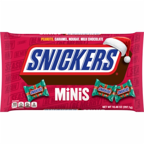 SnickersHoliday Christmas Candy Milk Chocolate Bars Minis Size Bag Perspective: front