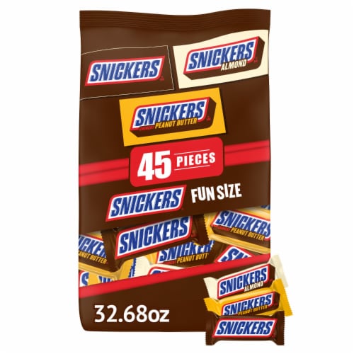 Snickers Original & Peanut Butter & Almond Variety Pack Fun Size Chocolate Candy Bars Bag Perspective: front