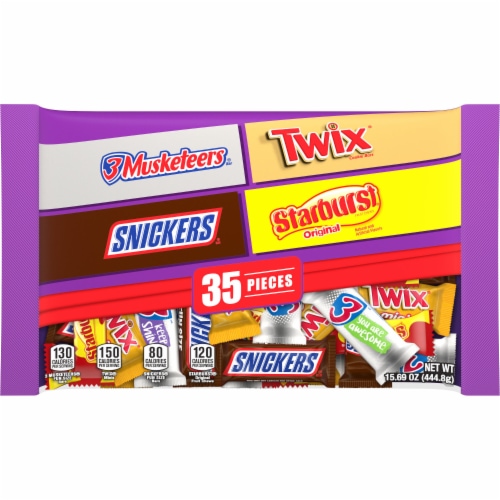 Snickers & Starburst & Twix & 3 Musketeers Share Size Halloween Candy Assortment Perspective: front