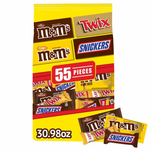 M&M'S Snickers & Twix Fun Size Milk Chocolate Candy Bars Assortment Variety Pack Perspective: front