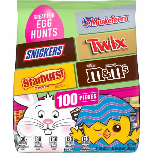 M&M's Snickers Twix 3 Musketeers & Starburst Assorted Easter Basket Candy Bag Perspective: front