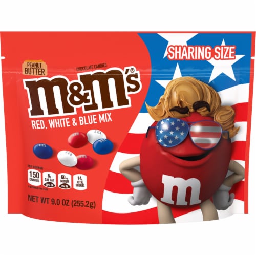 M&M'S Peanut Butter Chocolate Red White & Blue Summer Candy Sharing Size Bag Perspective: front