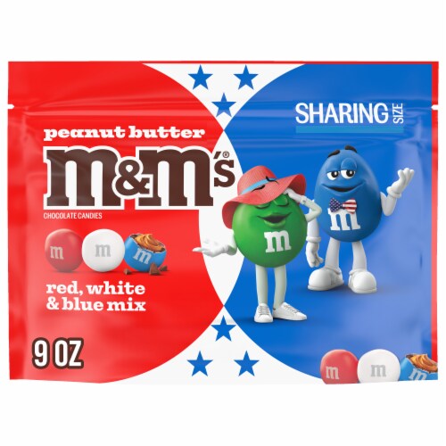 M&M'S Peanut Butter Chocolate Red White & Blue Summer Candy Sharing Size Bag Perspective: front