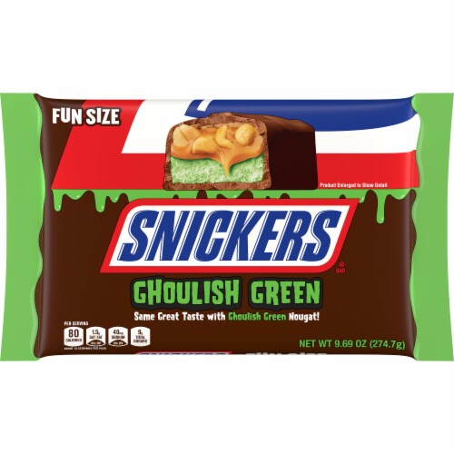Snickers® Chocolate Goulish Green Fun Size Halloween Candy Bag Perspective: front