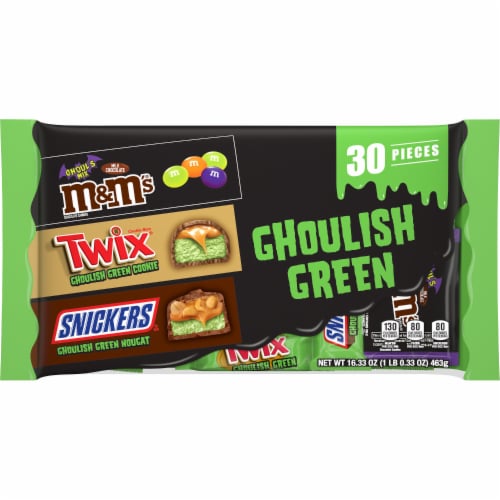 M&M'S & Snickers & Twix Ghoulish Green Chocolate Halloween Candy Variety Pack Perspective: front