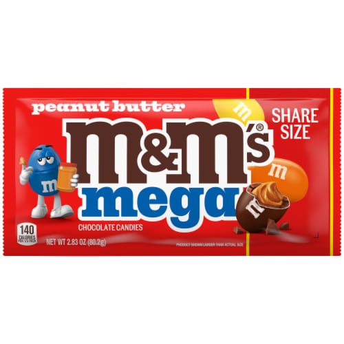 M&M'S Mega Peanut Butter Chocolate Candy Share Size Pack Perspective: front