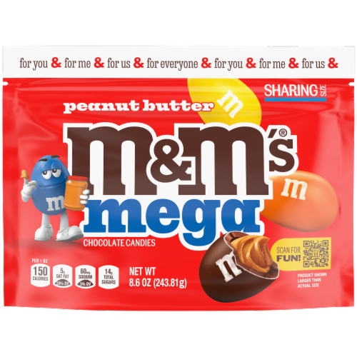 M&M'S Mega Peanut Butter Chocolate Candy Sharing Size Bag Perspective: front