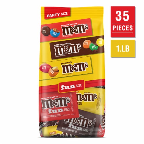 M&M'S Milk Chocolate Peanut & Peanut Butter Fun Size Variety Pack Party Size Candy Bulk Bag Perspective: front