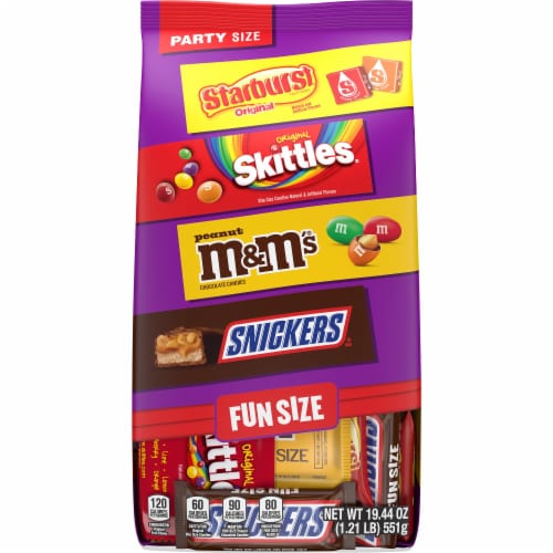 M&M'S Peanut Snickers Starburst & Skittles Fun Size Candy Variety Party Size Bag Perspective: front